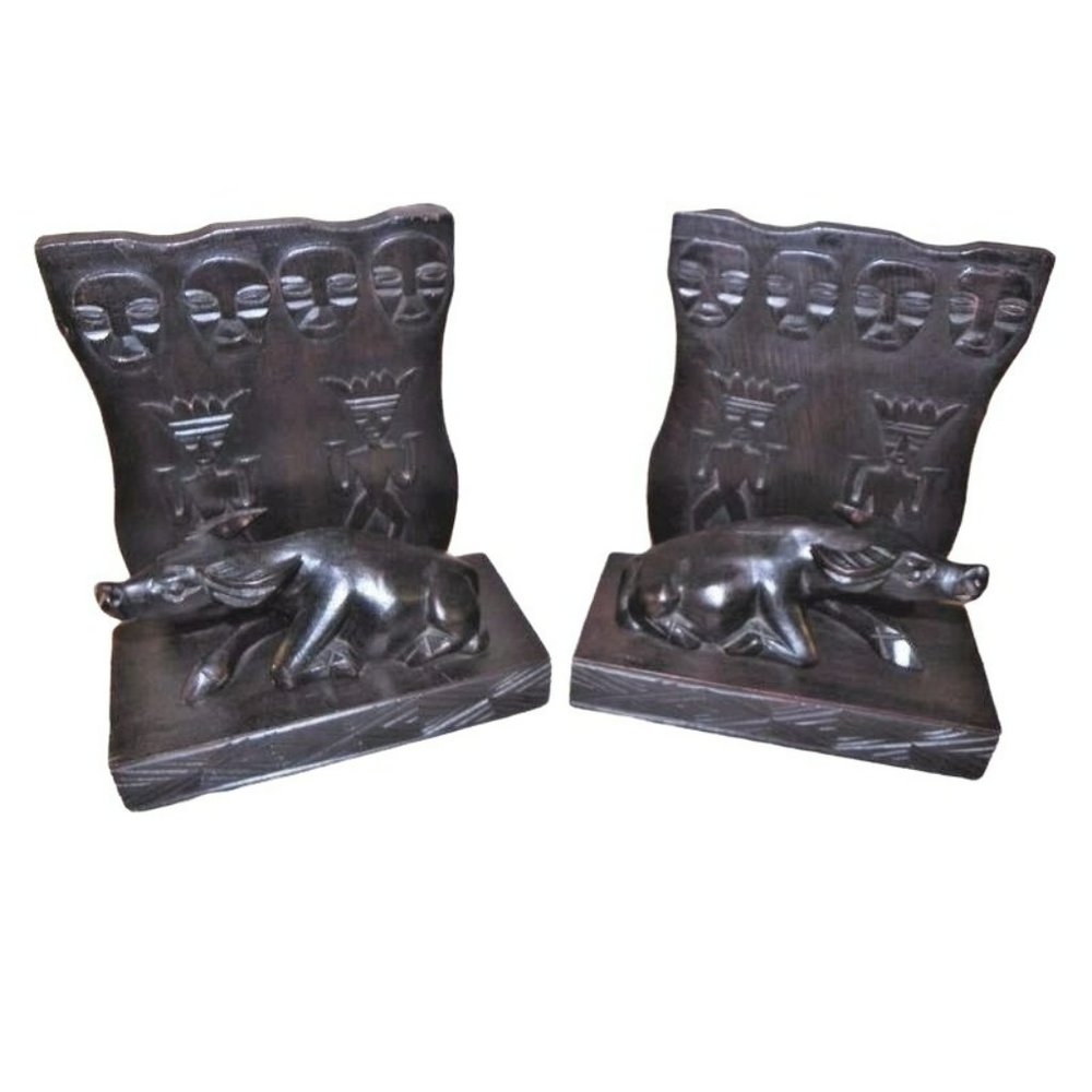 Wood Carved Book Ends Set of 2 Rustic Tribal Steer Bull Tiki Office Decor